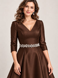 V-Neck Tea-Length Mother of the Bride Dress with Embellished Waist