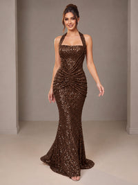 Gold Halter Sequin Mermaid Ruched Prom Dress Long Ruched Evening Gown