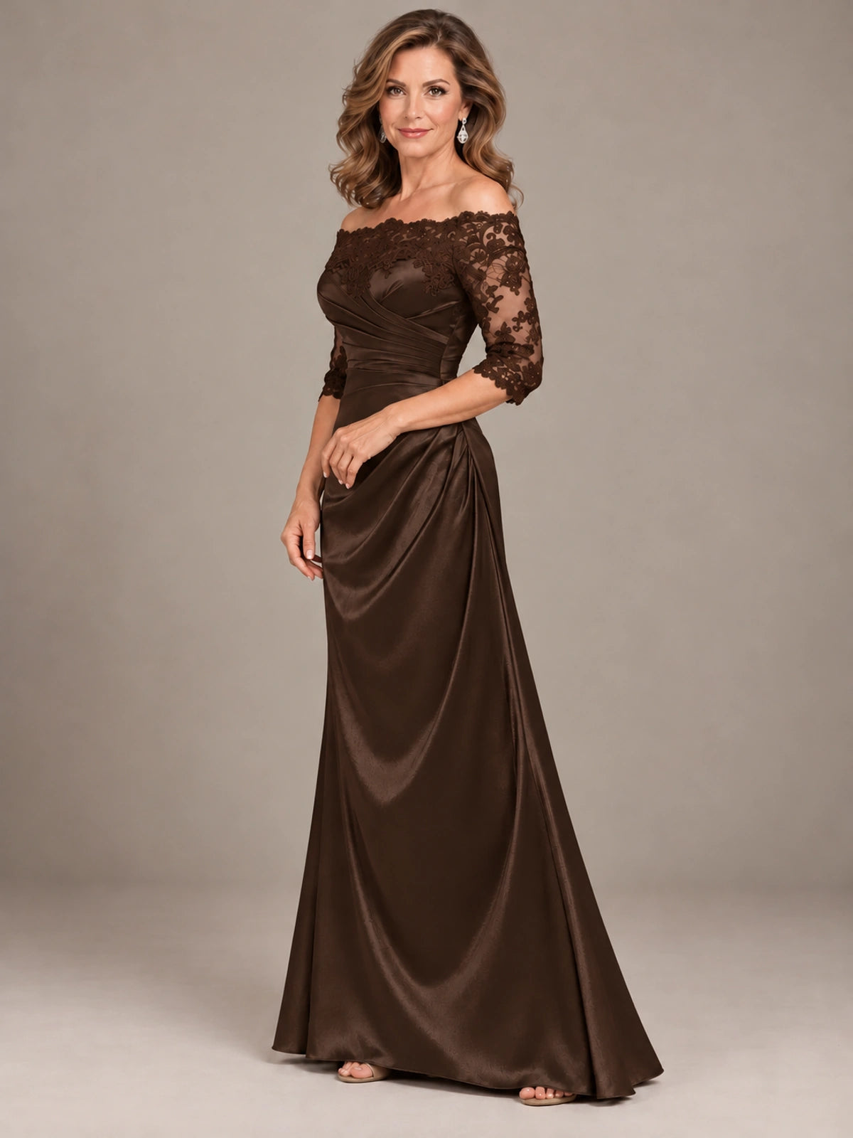 Satin Mother of the Bride Dress with Lace Sleeves Off Shoulder Formal Gown
