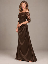 Satin Mother of the Bride Dress with Lace Sleeves Off Shoulder Formal Gown