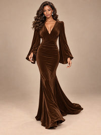 Burgundy Velvet Deep V-Neck Ruched Long Sleeve Maxi Dress
