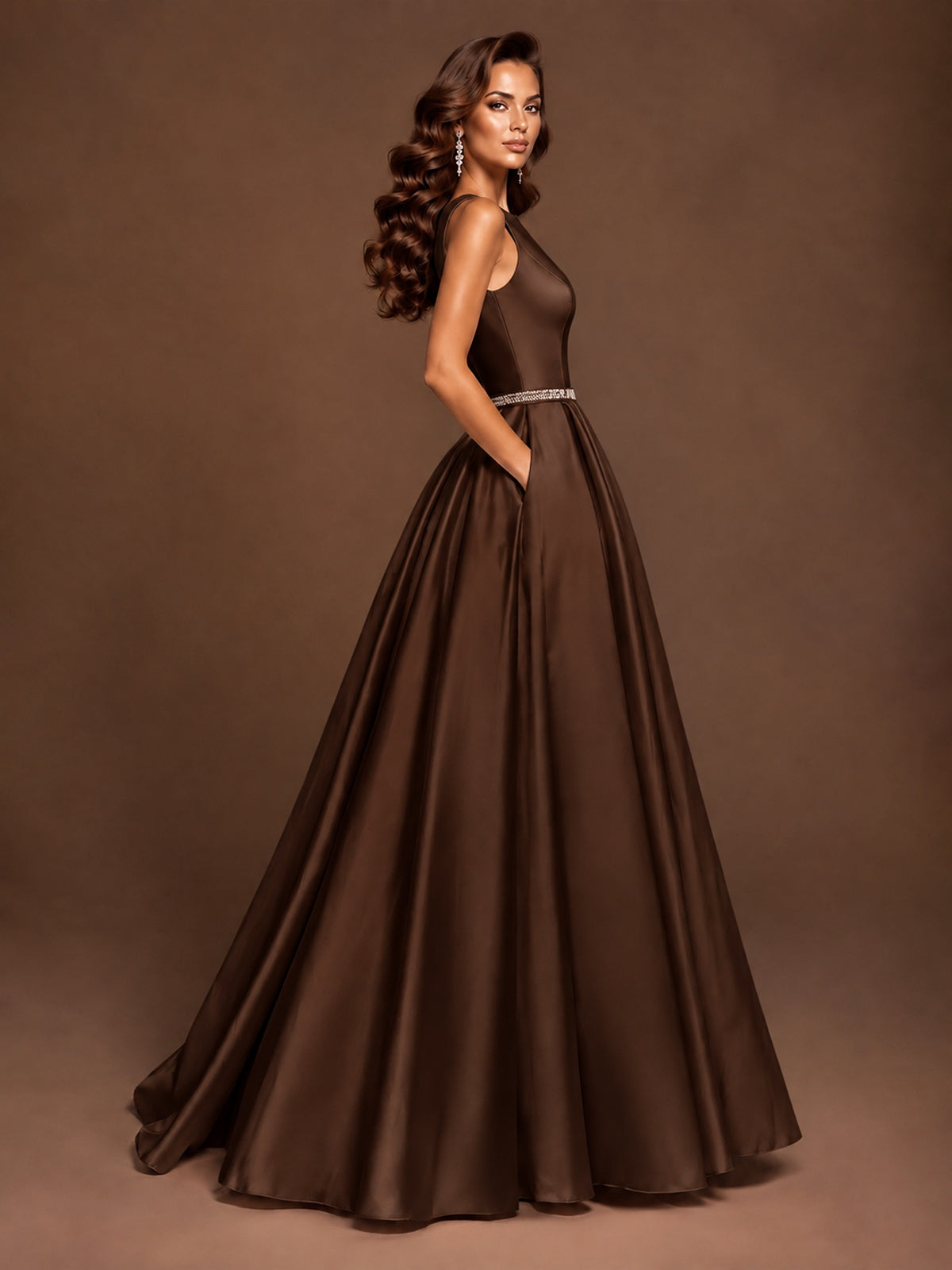 Satin A-Line Prom Dress Sleeveless Beaded Waist Formal Gown with Pockets