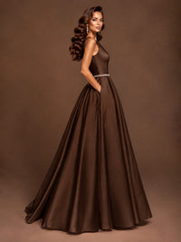Satin A-Line Prom Dress Sleeveless Beaded Waist Formal Gown with Pockets