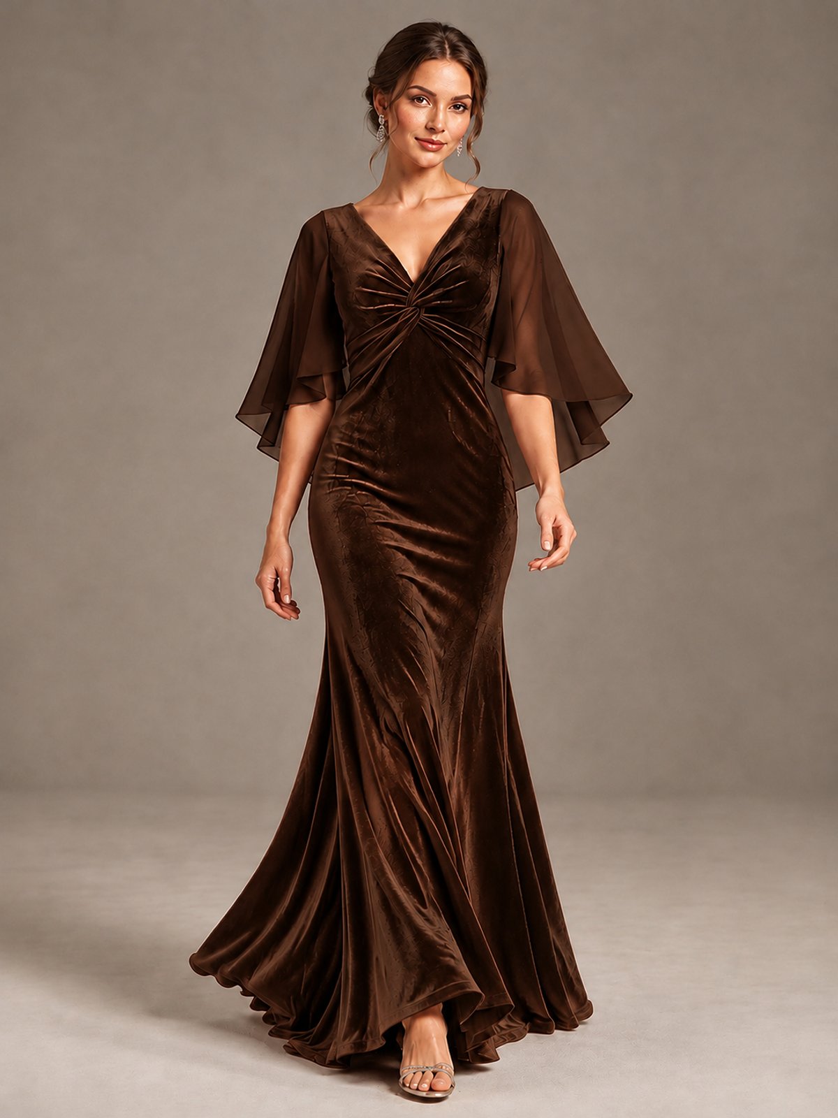 Navy Blue Velvet V Neck Mermaid Formal Dress with Flutter Cape Sleeves