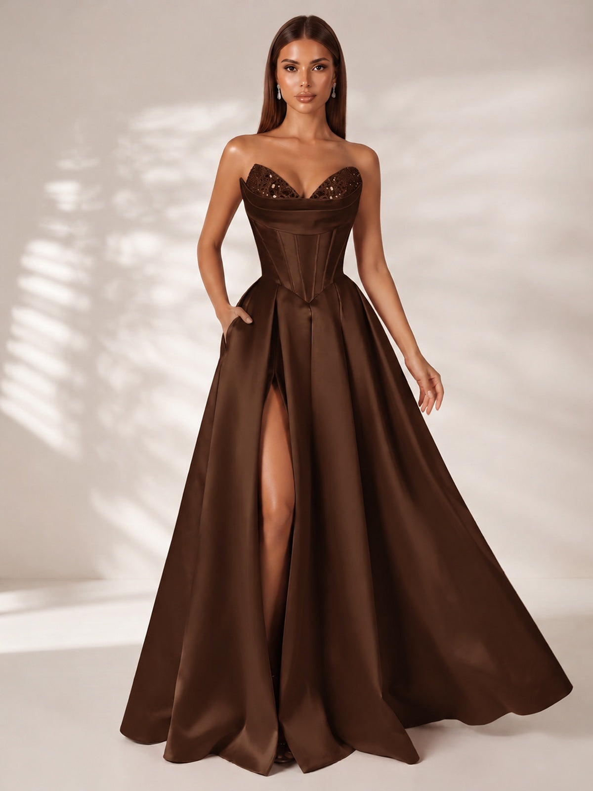 Strapless Corset Satin Prom Dress Long Evening Gown with High Slit