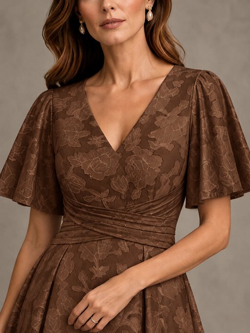 V-Neck Floral Jacquard Tea-Length Mother of the Bride Dress