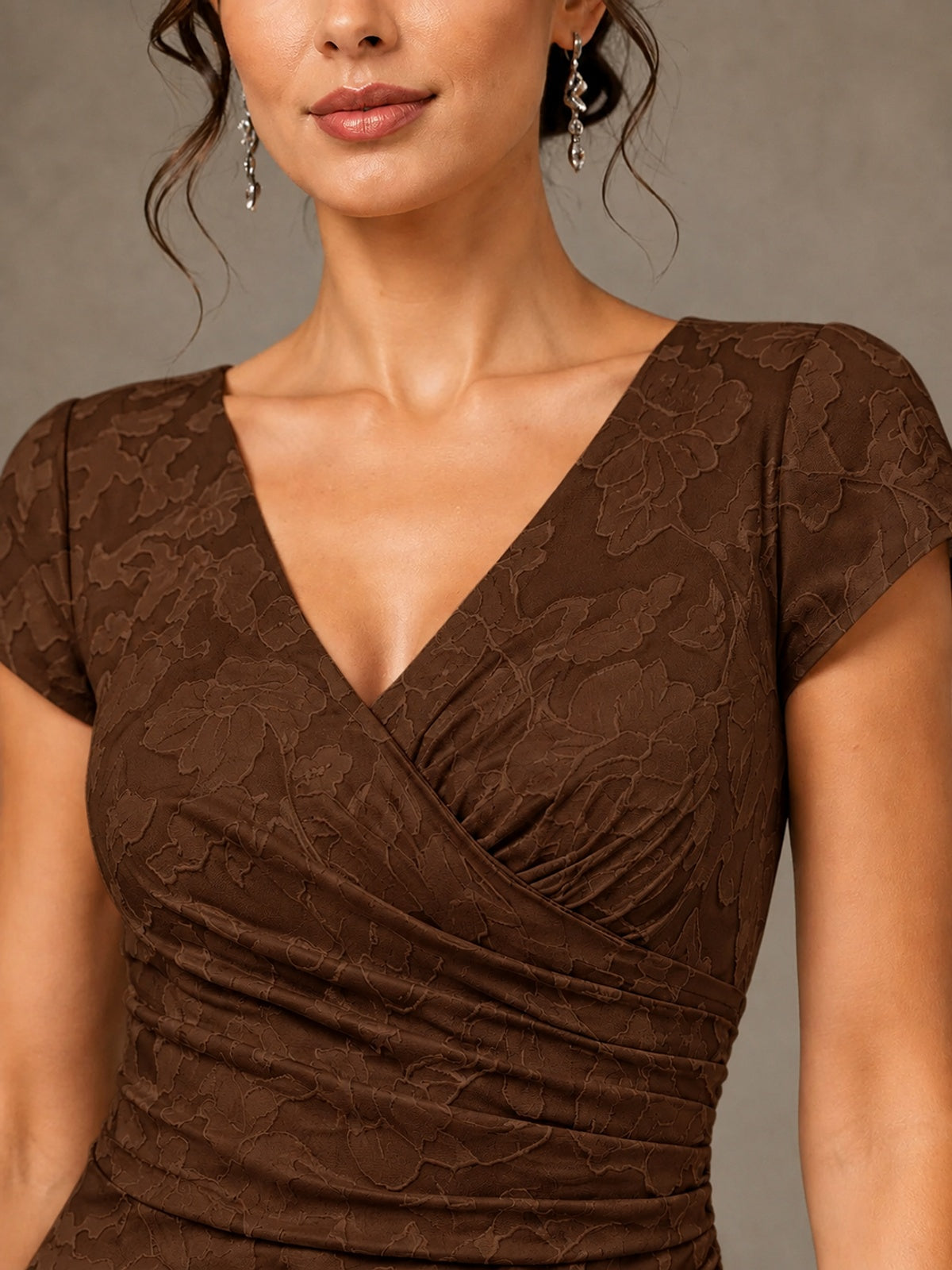 V-Neck Floral Jacquard Mother of the Bride Dress with Slit