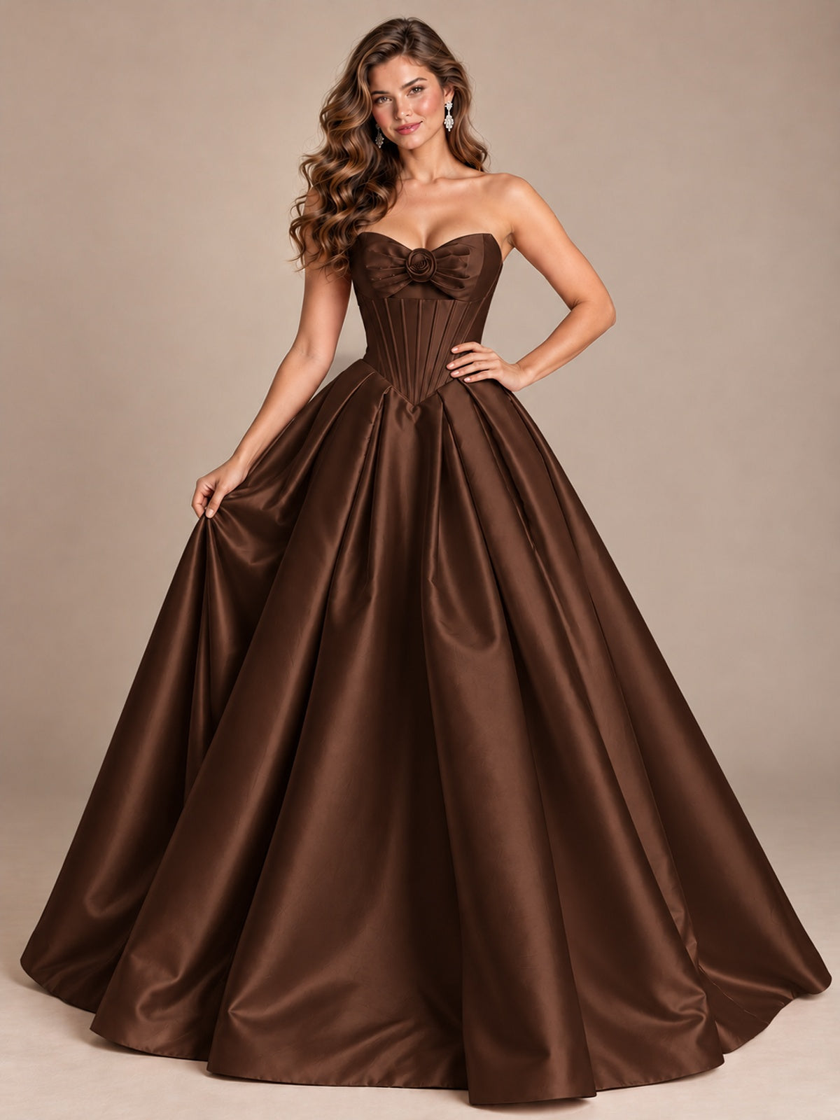 Pink Strapless Corset Satin Prom Derss & Ball Gown with 3D Floral