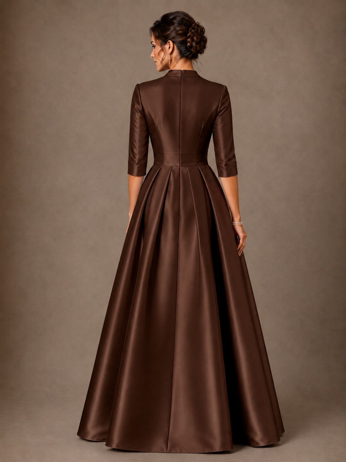 V-Neck Pleated Satin Mother of the Bride Gown with 3/4 Sleeves
