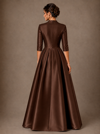 V-Neck Pleated Satin Mother of the Bride Gown with 3/4 Sleeves