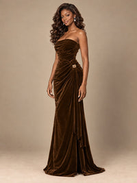 Burgundy Velvet Strapless Ruched Prom Dress with Jeweled Side Drape
