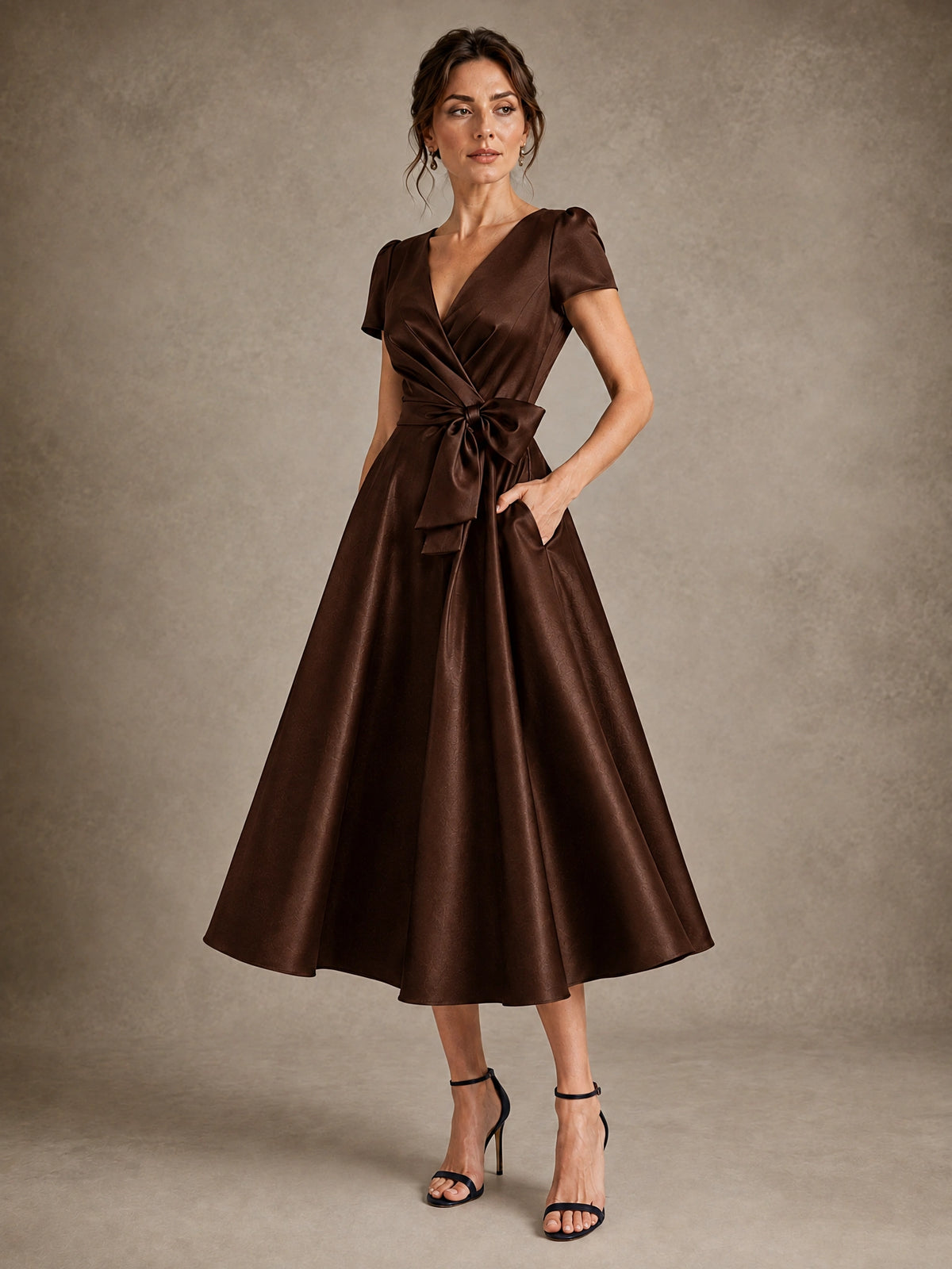 V-Neck Tea-Length Satin Mother of the Bride Dress with Bow