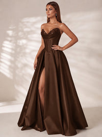 Strapless Corset Satin Prom Dress Long Evening Gown with High Slit