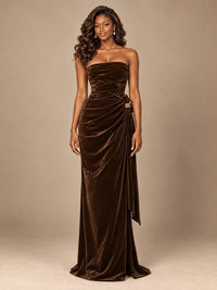 Burgundy Velvet Strapless Ruched Prom Dress with Jeweled Side Drape