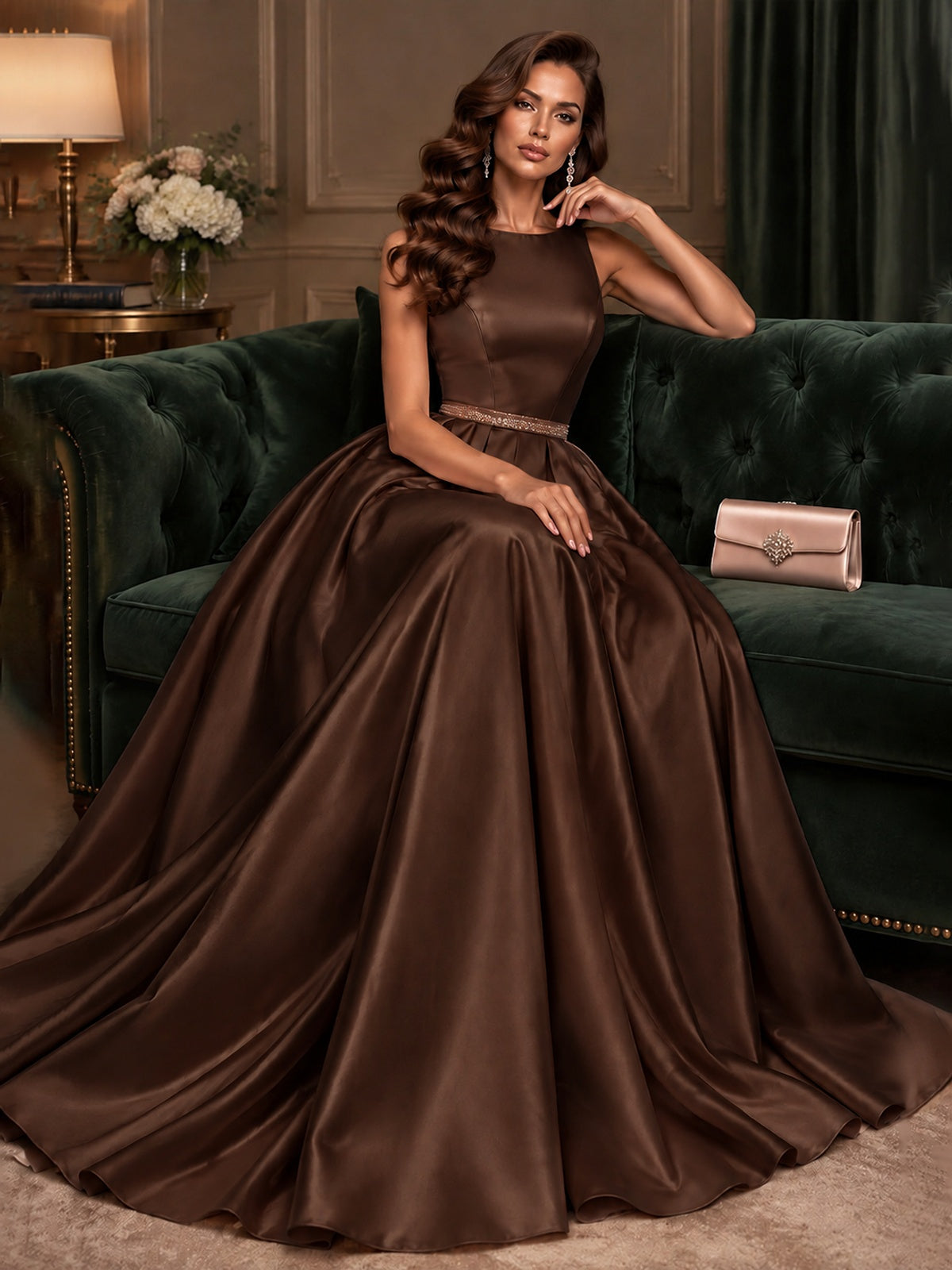 Satin A-Line Prom Dress Sleeveless Beaded Waist Formal Gown with Pockets