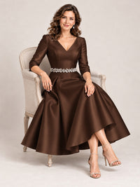 V-Neck Tea-Length Mother of the Bride Dress with Embellished Waist