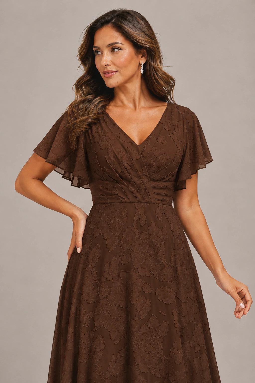 Jovellee Floral Chiffon A-Line Mother of the Bride Dress with Flutter Sleeves