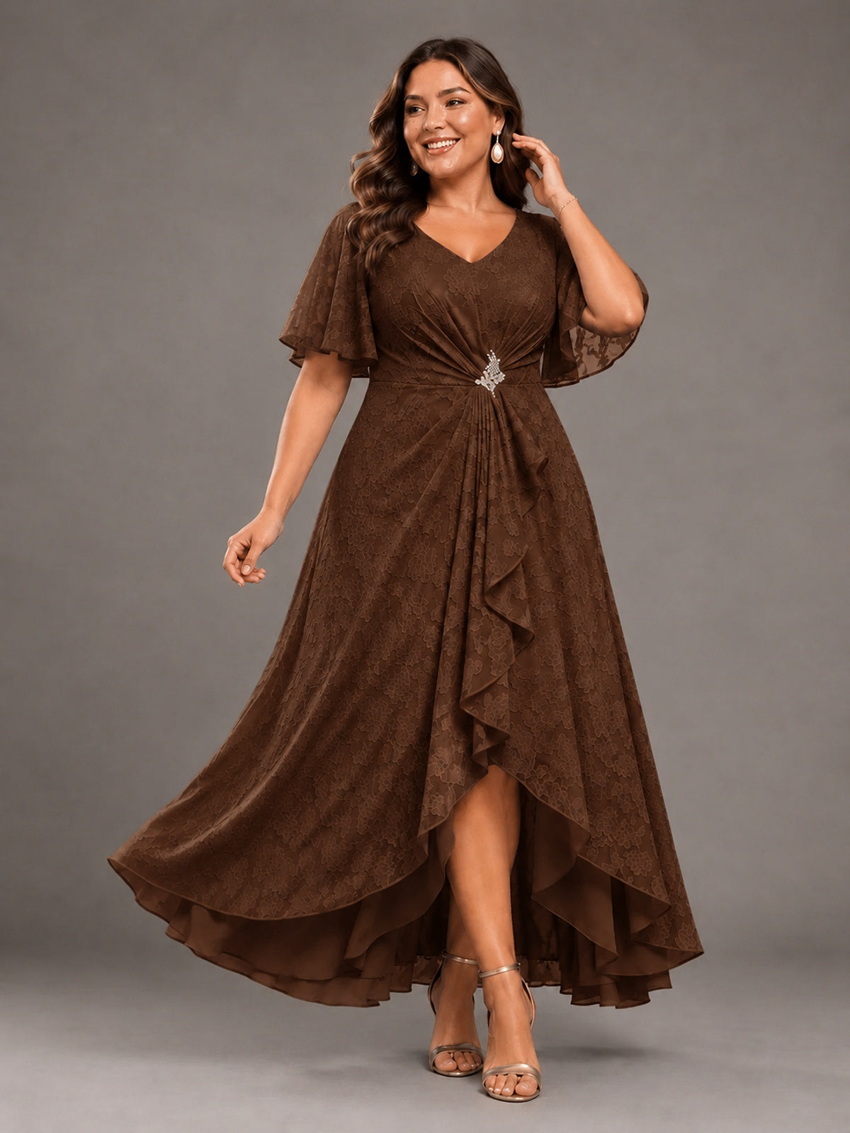 Jacquard Chiffon A-Line V-Neck High-Low Mother of the Bride Dress