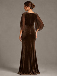 Navy Blue Velvet V Neck Mermaid Formal Dress with Flutter Cape Sleeves