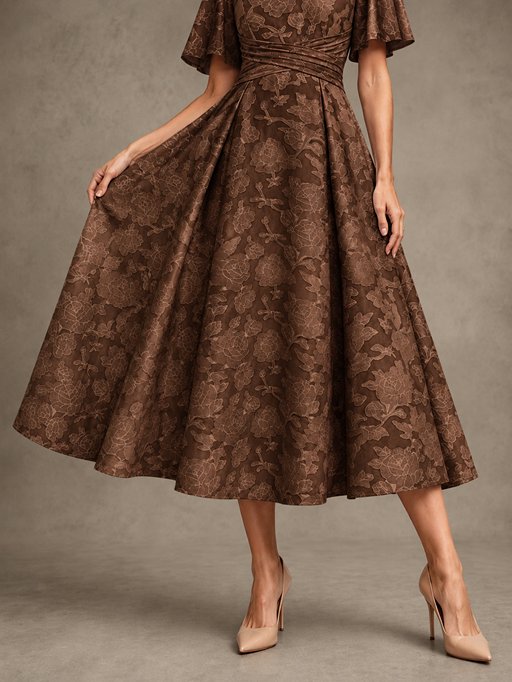 V-Neck Floral Jacquard Tea-Length Mother of the Bride Dress