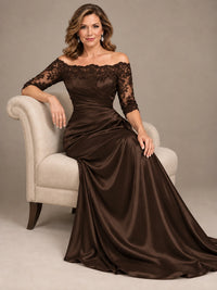 Satin Mother of the Bride Dress with Lace Sleeves Off Shoulder Formal Gown