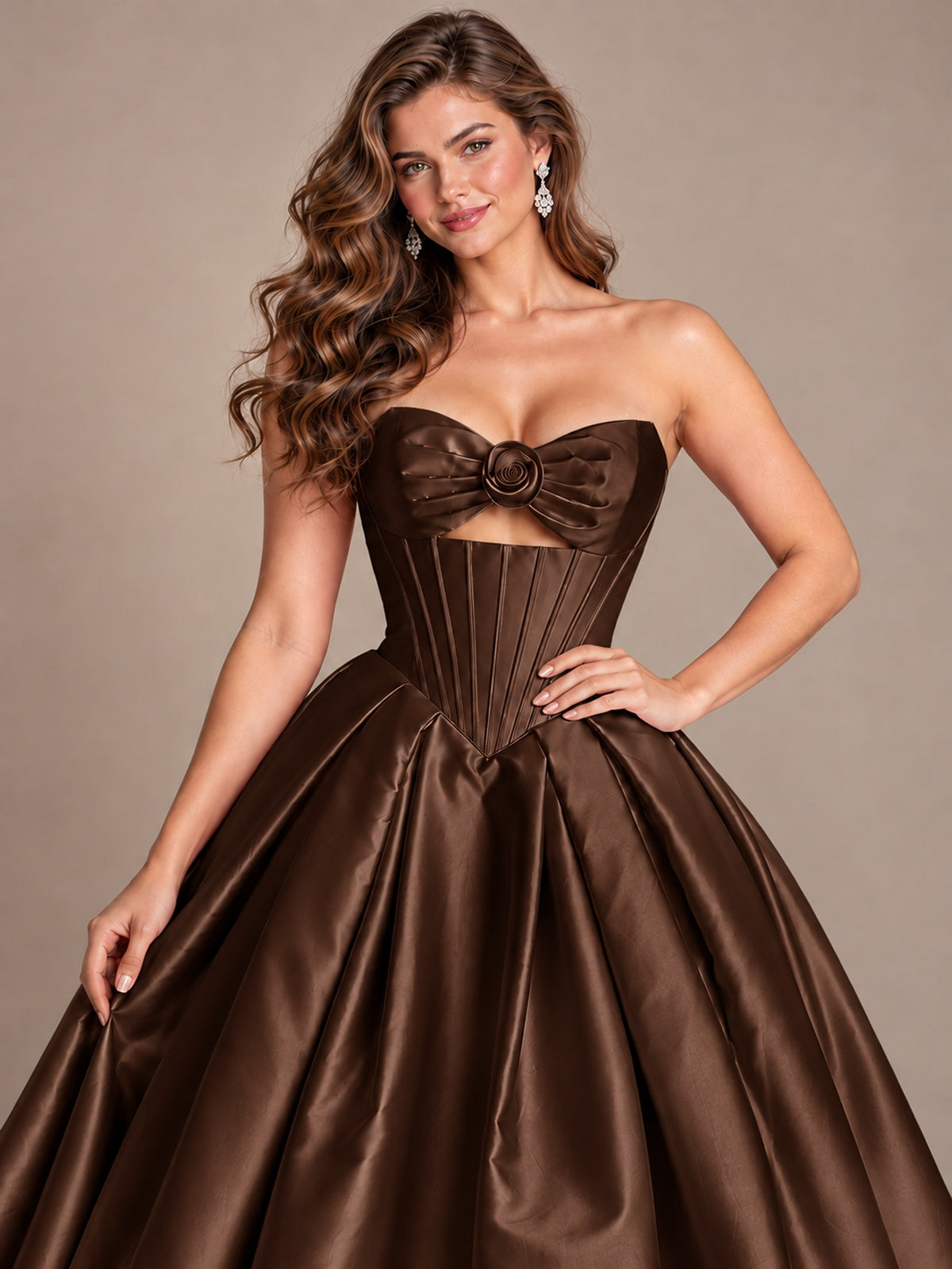 Pink Strapless Corset Satin Prom Derss & Ball Gown with 3D Floral