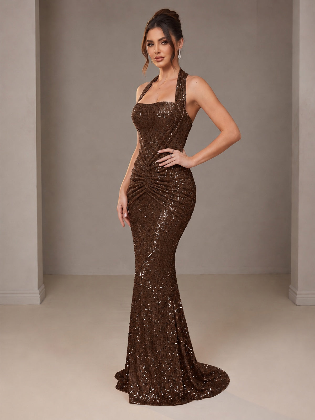 Gold Halter Sequin Mermaid Ruched Prom Dress Long Ruched Evening Gown