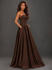 Draped Satin Prom Dress Strapless A-line Formal Dress Floor Length