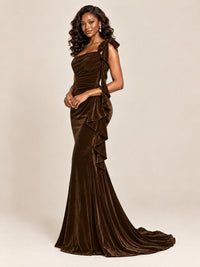 Black Velvet One-Shoulder Mermaid Evening Gown with Bow & Ruffles