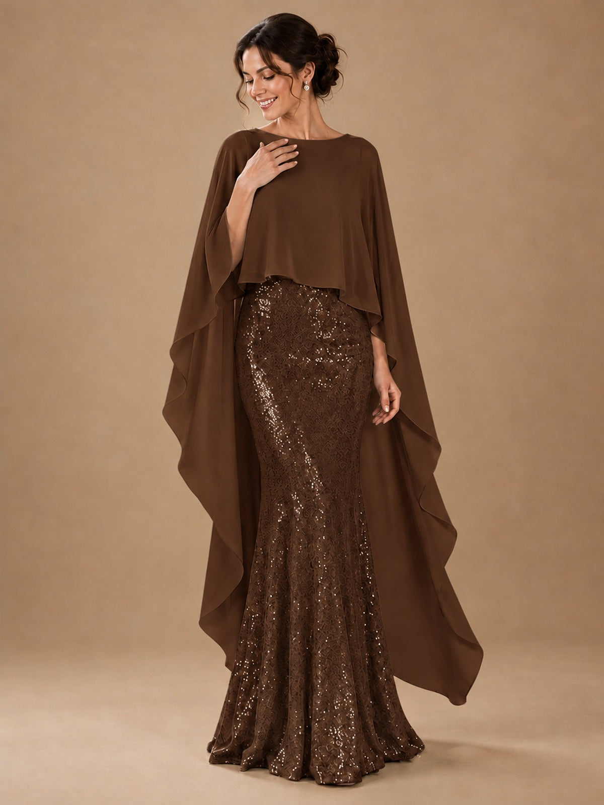 Sequin 2 Pieces Mother of the Bride Dress with Cap Sleeves Chiffon Formal Gowns