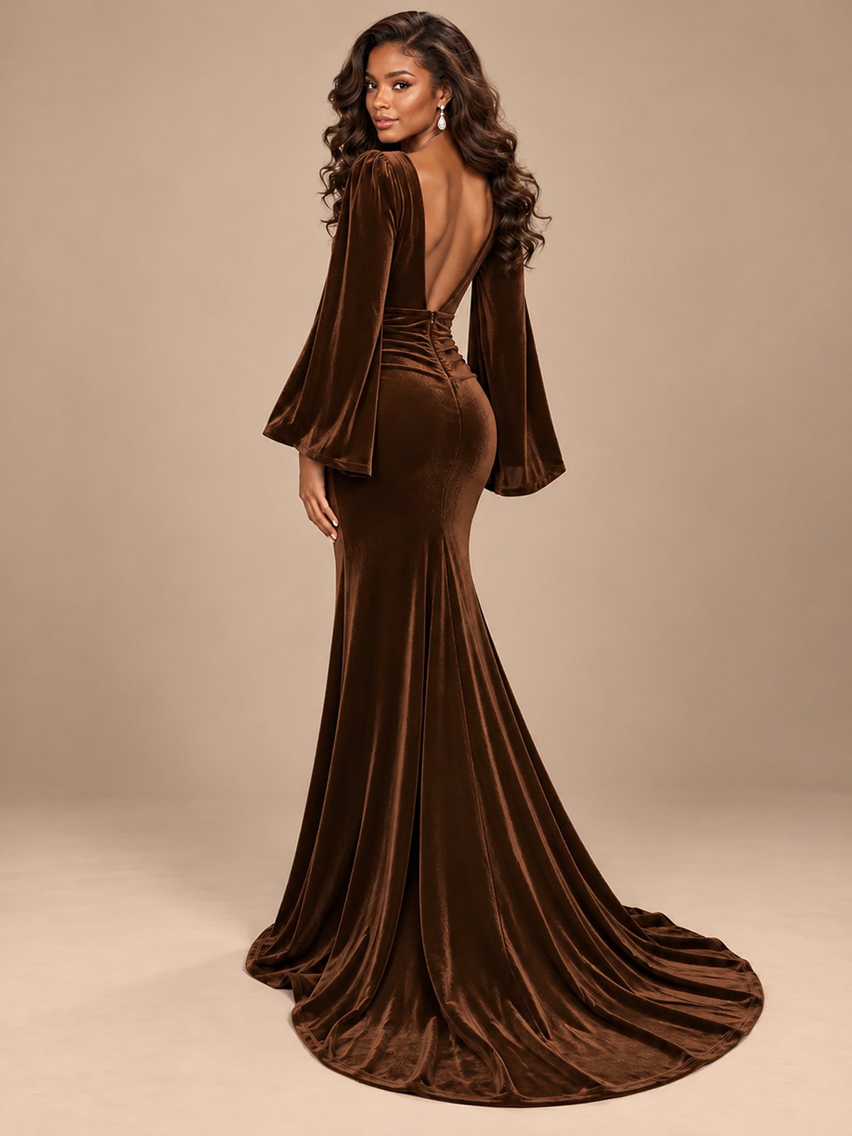 Burgundy Velvet Deep V-Neck Ruched Long Sleeve Maxi Dress