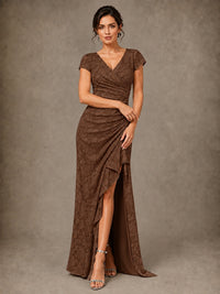 V-Neck Floral Jacquard Mother of the Bride Dress with Slit