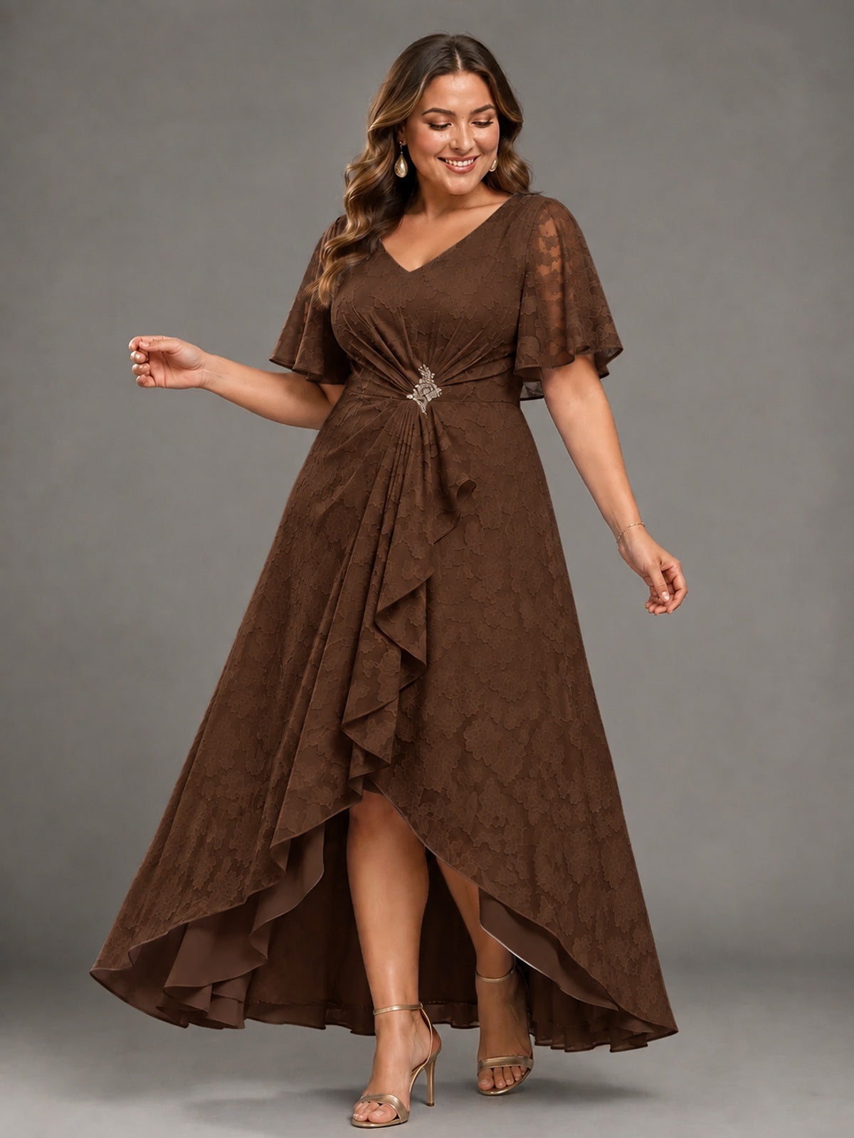 Jacquard Chiffon A-Line V-Neck High-Low Mother of the Bride Dress
