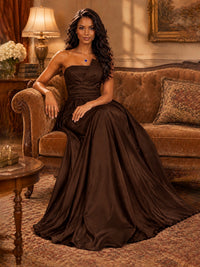 Draped Satin Prom Dress Strapless A-line Formal Dress Floor Length