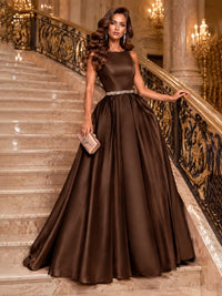 Satin A-Line Prom Dress Sleeveless Beaded Waist Formal Gown with Pockets