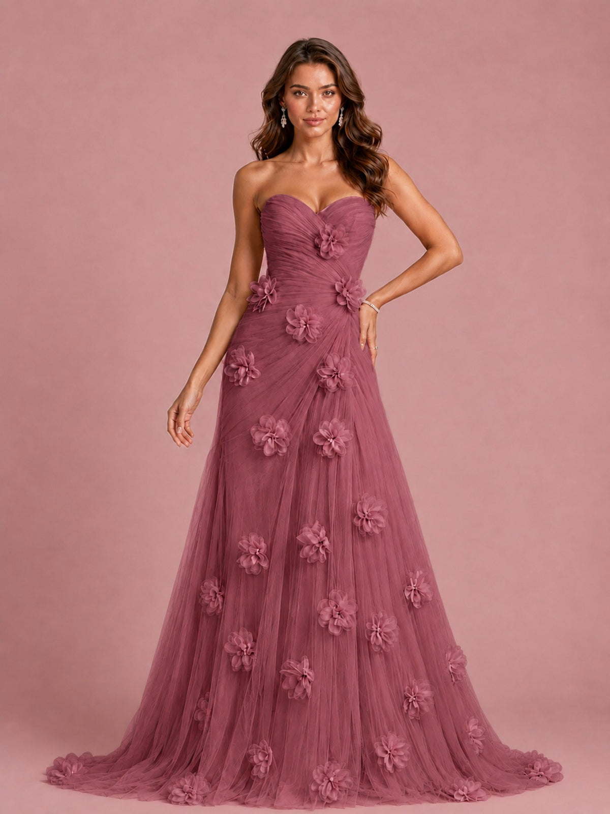 3D Floral Applique Strapless Tulle Prom Dress with High Slit