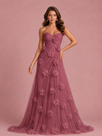 3D Floral Applique Strapless Tulle Prom Dress with High Slit