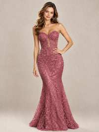 Strapless Corset Mermaid Prom Dress with Floral Lace Appliqué