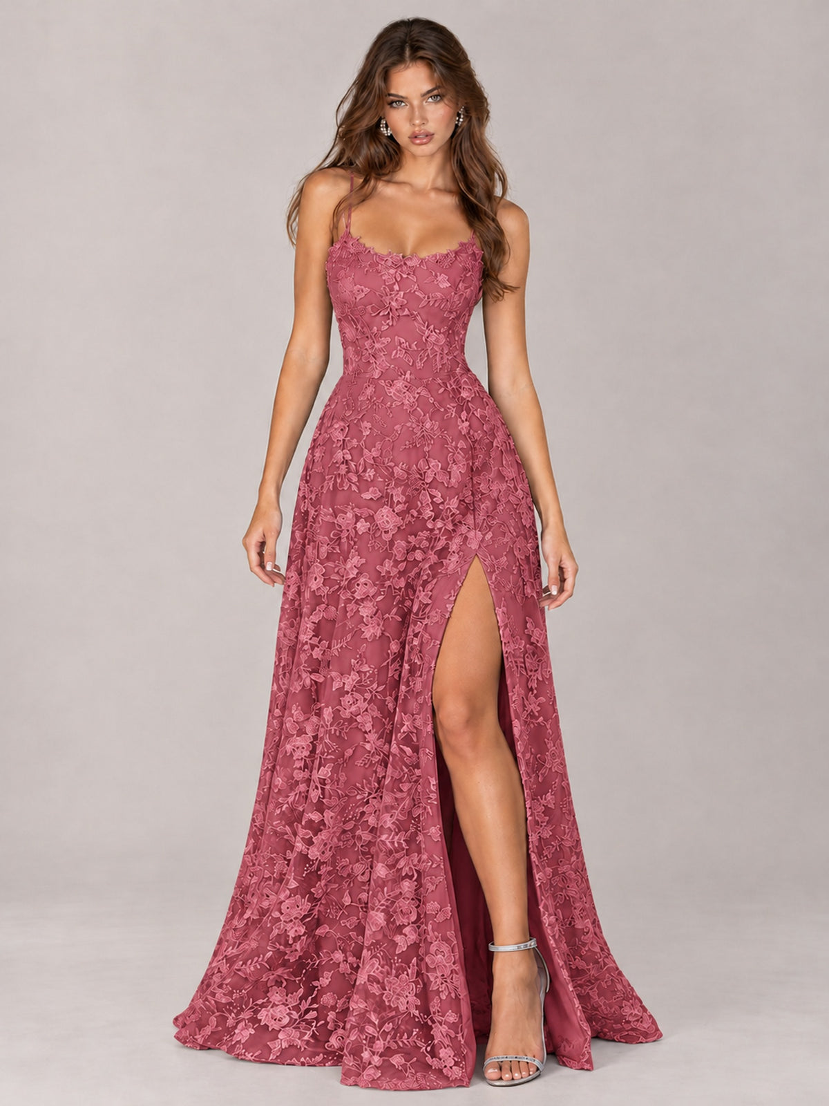Floral Lace A-Line Prom Dress with Spaghetti Straps & High Slit