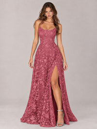 Floral Lace A-Line Prom Dress with Spaghetti Straps & High Slit