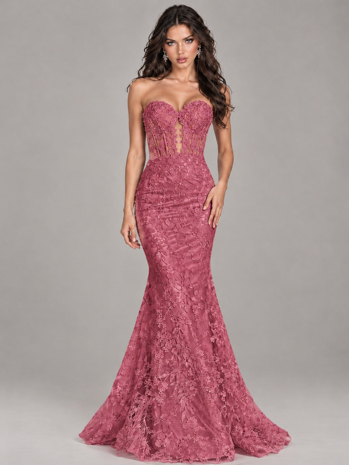 Strapless Corset Mermaid Prom Dress Lace Appliqué Formal Gown