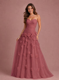 Blush Pink Strapless Sweetheart 3D Floral Tulle Ball Gown Prom Dres