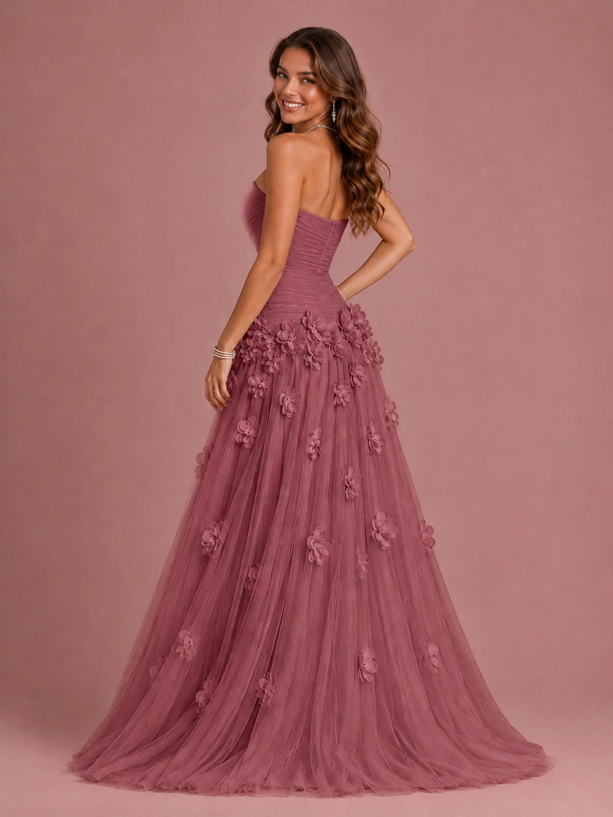 Blush Pink Strapless Sweetheart 3D Floral Tulle Ball Gown Prom Dres