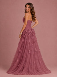 Blush Pink Strapless Sweetheart 3D Floral Tulle Ball Gown Prom Dres