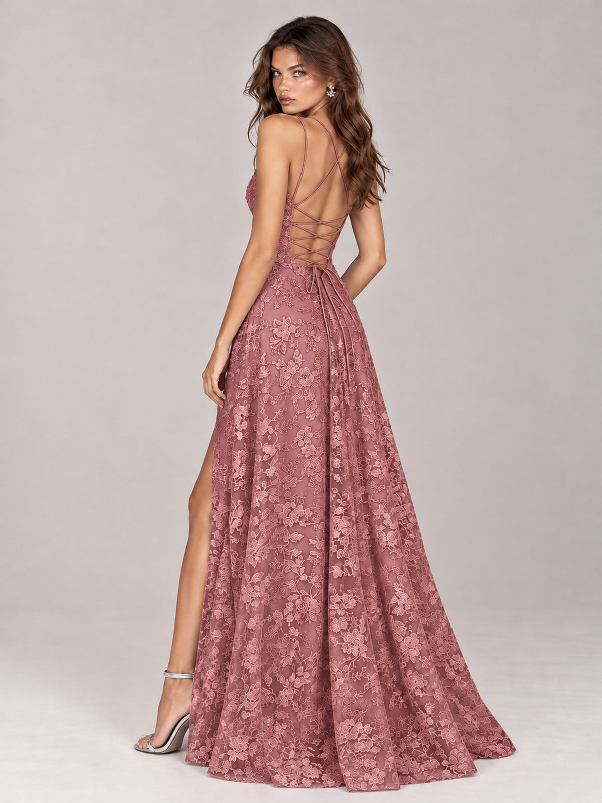 Floral Lace A-Line Prom Dress with Spaghetti Straps & High Slit
