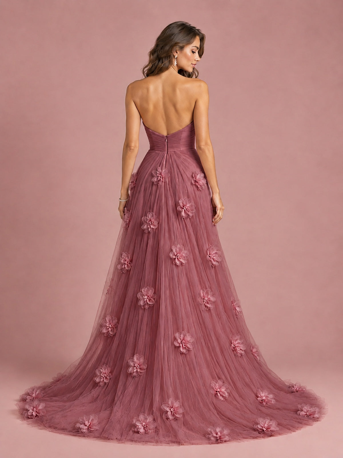 3D Floral Applique Strapless Tulle Prom Dress with High Slit