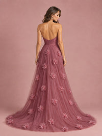 3D Floral Applique Strapless Tulle Prom Dress with High Slit
