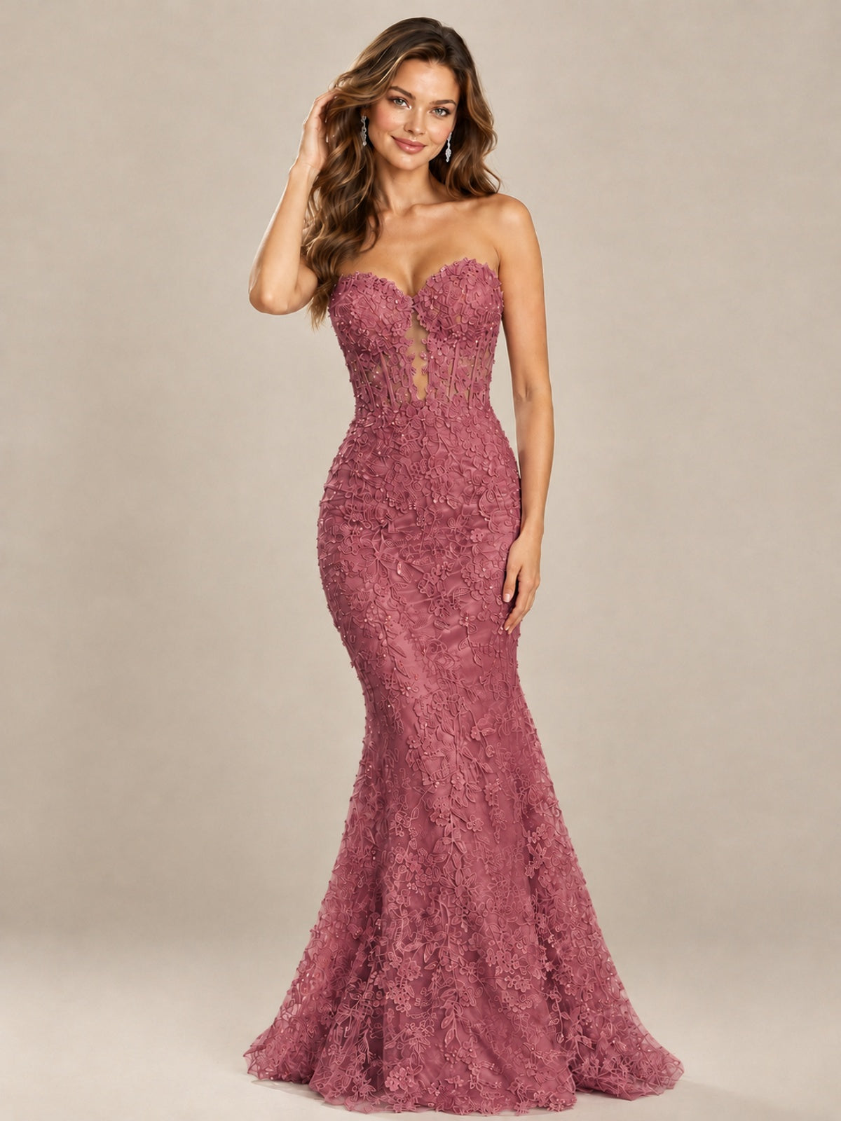Strapless Corset Mermaid Prom Dress with Floral Lace Appliqué