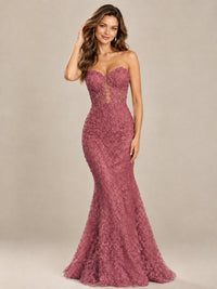 Strapless Corset Mermaid Prom Dress with Floral Lace Appliqué