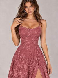 Floral Lace A-Line Prom Dress with Spaghetti Straps & High Slit